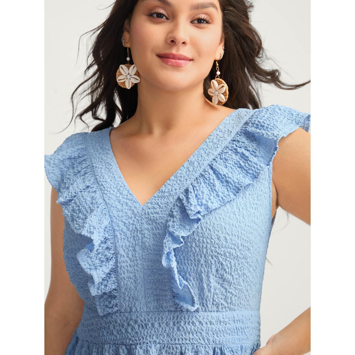 Plus Size Ruffled Neck Textured Sleeveless Midi Dress LightBlue Women V-neck Cap Sleeve Curvy BloomChic 22-24/3X Product Image