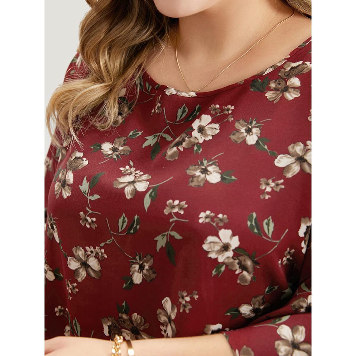 Plus Size Scarlet Floral Print Bell Sleeve Crew Neck Blouse Women Elegant Half Sleeve Round Neck Dailywear Blouses BloomChic 12/L Product Image