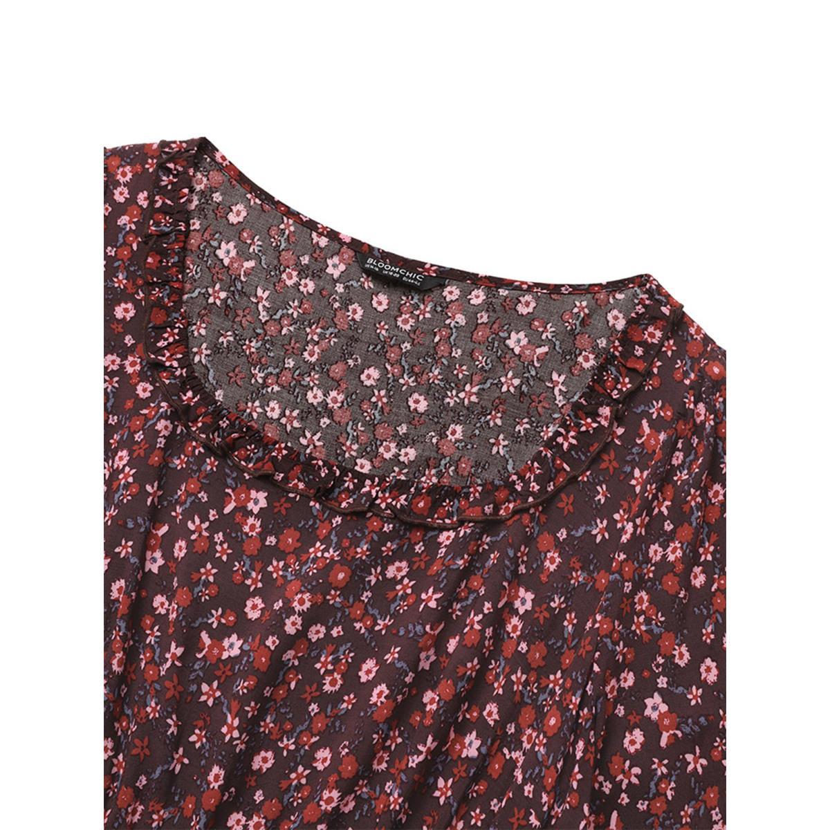 Plus Size Ditsy Floral Patchwork Square Neck Frill Trim Dress Russet Women Vacation Elastic cuffs Square Neck Elbow-length sleeve Curvy Midi Dress BloomChic 12/L Product Image