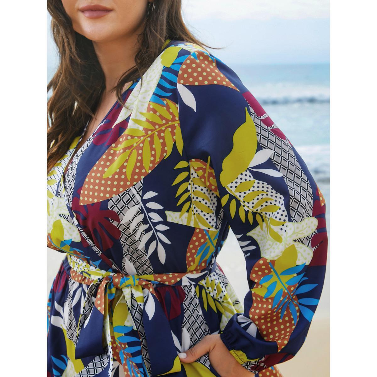 Plus Size Surplice Neck Tropical Leaf Pockets Midi Dress DarkBlue Women Elegant Belted Overlap Collar Long Sleeve Curvy BloomChic 26/4X Product Image