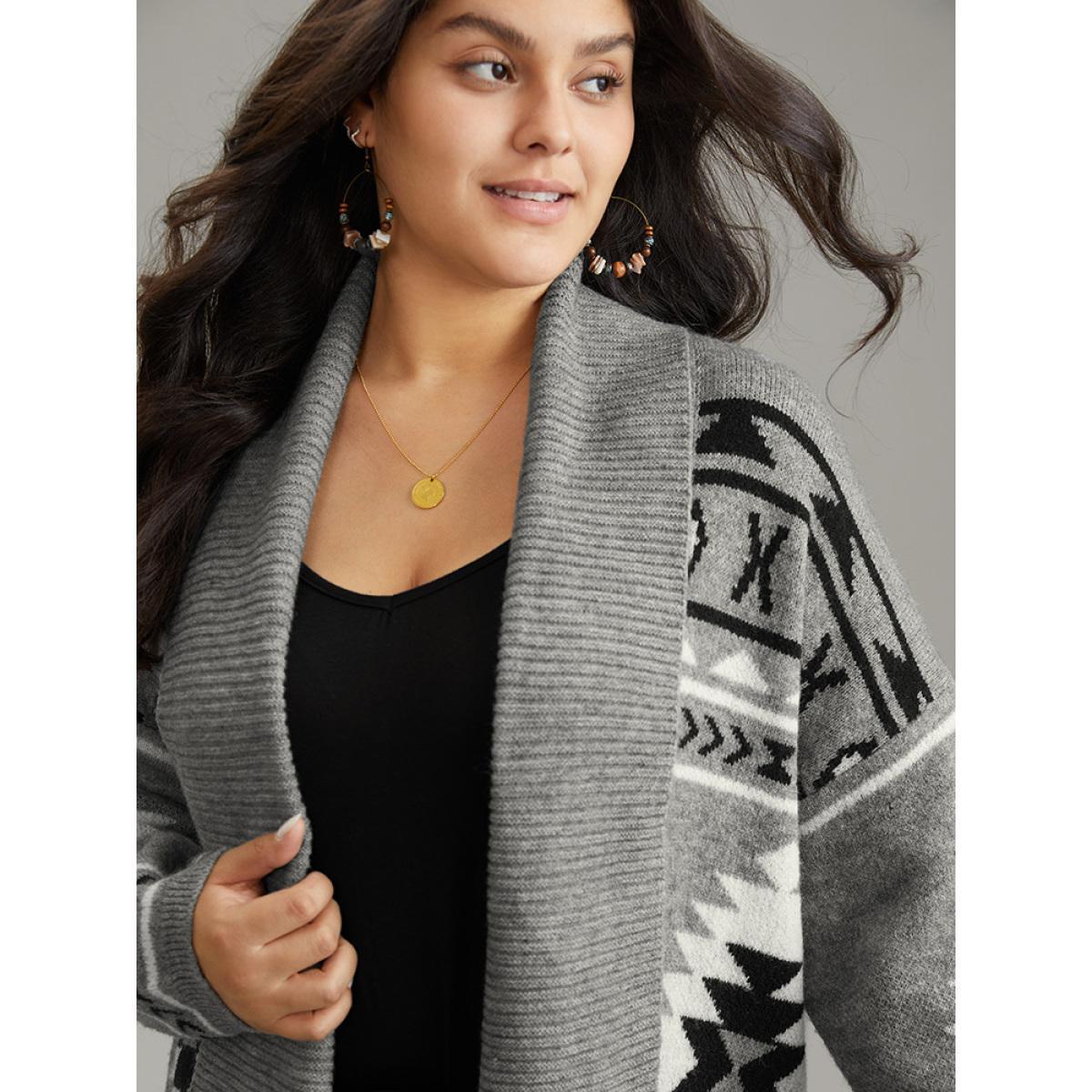 Plus Size Bandana Print Lapel Collar Open Front Cardigan Gray Women Casual Loose Long Sleeve Everyday Cardigans BloomChic 12/L Product Image