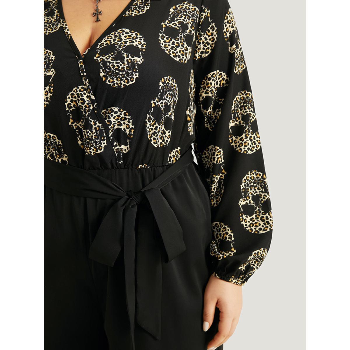 Plus Size BlackFlower Halloween Skull Print Pocket Elastic Waist Belted Jumpsuit Women Office Long Sleeve V-neck Festival-Halloween Loose Jumpsuits BloomChic 18-20/2X Product Image