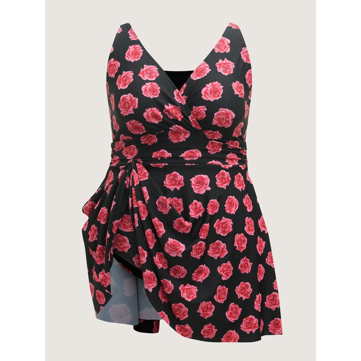 Plus Size Anti-Float Tie Rosy Print Swim Dress Women's Swimwear Black Beach Bodycon Overlap Collar High stretch Curve Swim Dresses BloomChic 18-20/2X Product Image