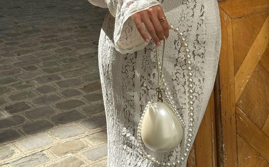 Off-The-Shoulder Long Sleeve Floral Lace Trim Mermaid Maxi Dress Product Image