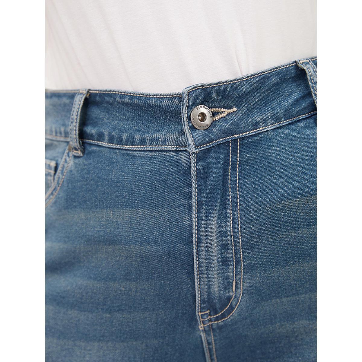 Plus Size Skinny Very Stretchy High Rise Medium Wash Cropped Jeans Women Indigo Casual Plain High stretch Pocket Jeans BloomChic 28/5X Product Image