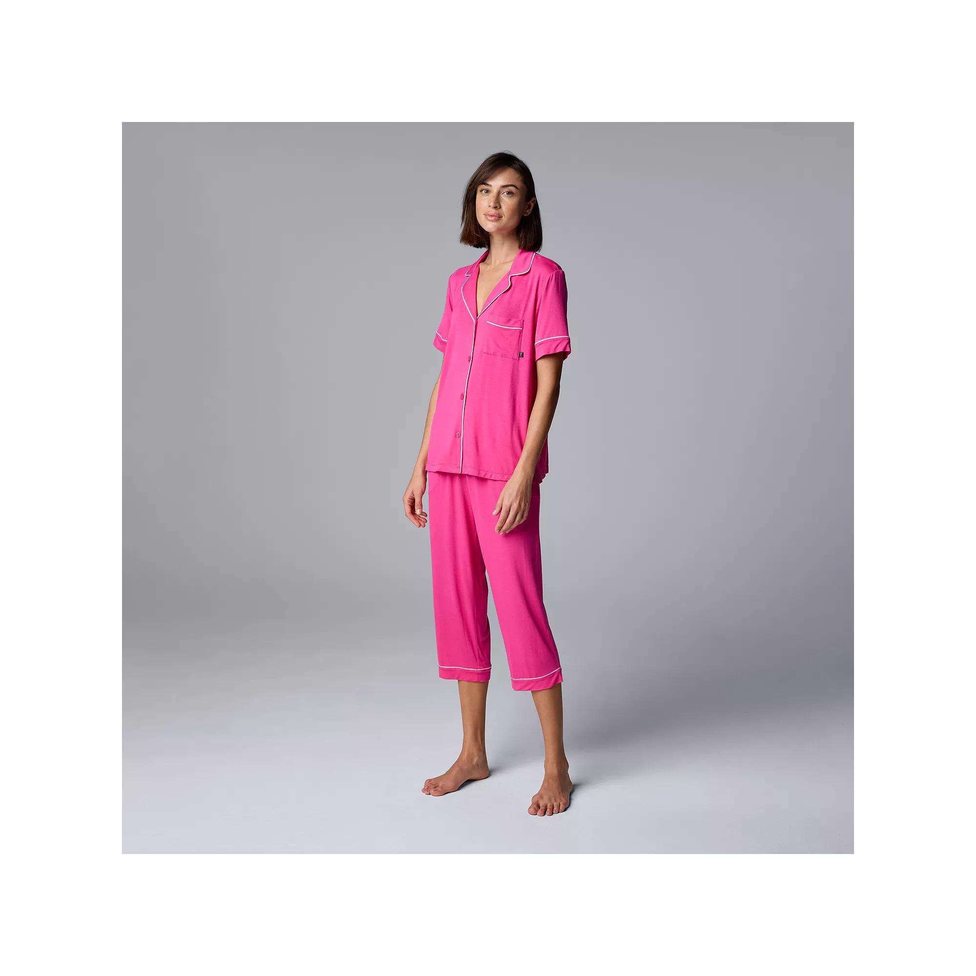 Women's Simply Vera Vera Wang Basic Luxury Notch Collar Pajama Shirt & Pajama Capris Set, Size: Medium, Pink Pink Product Image
