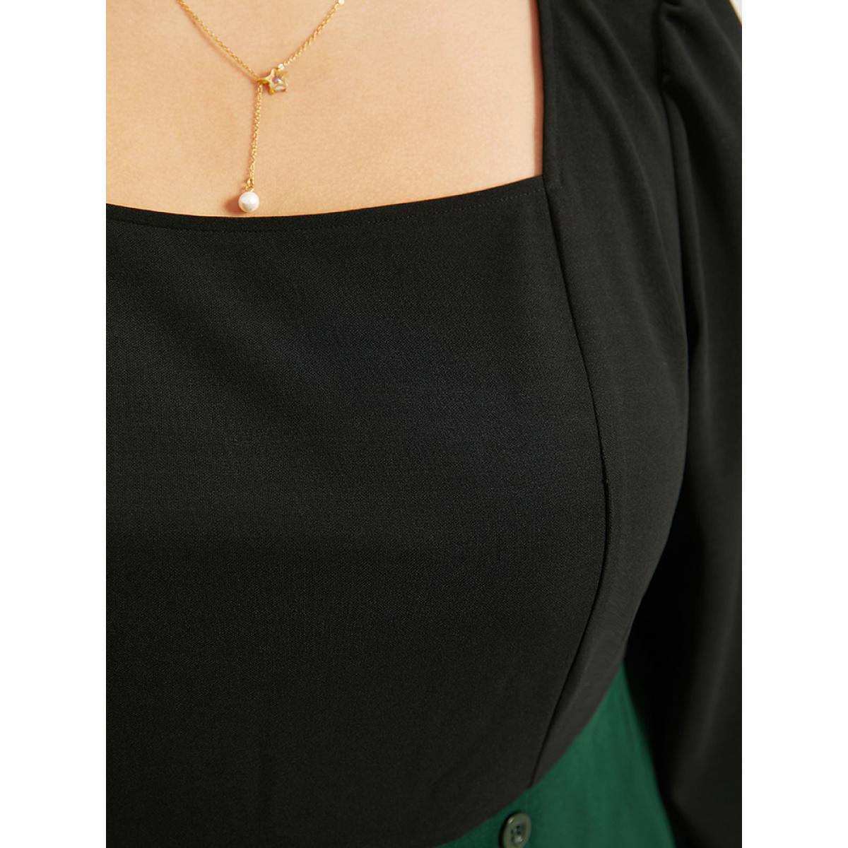 Plus Size Colorblock Patchwork Button Detail Dress DarkGreen Women Elegant Elastic cuffs Square Neck Long Sleeve Curvy Midi Dress BloomChic 18-20/2X Product Image