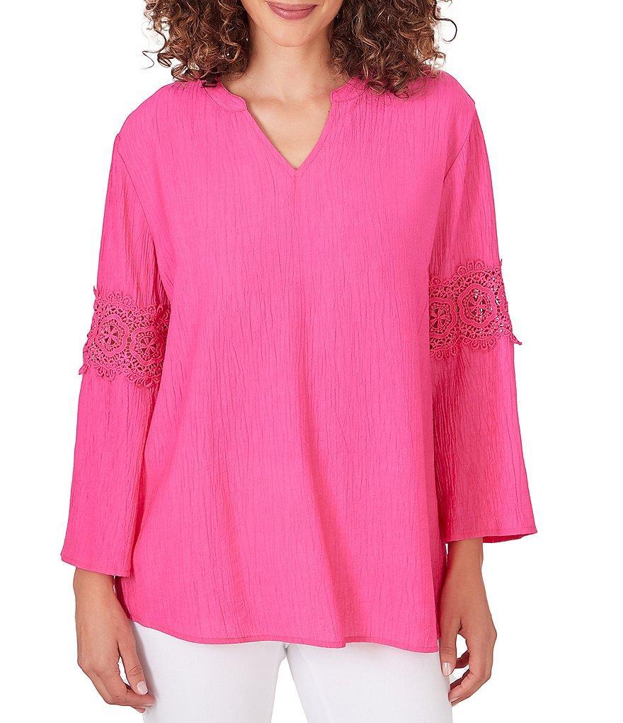 Ruby Rd. Solid Split V-Neck 3/4 Lace Inset Bell Sleeve Top Product Image