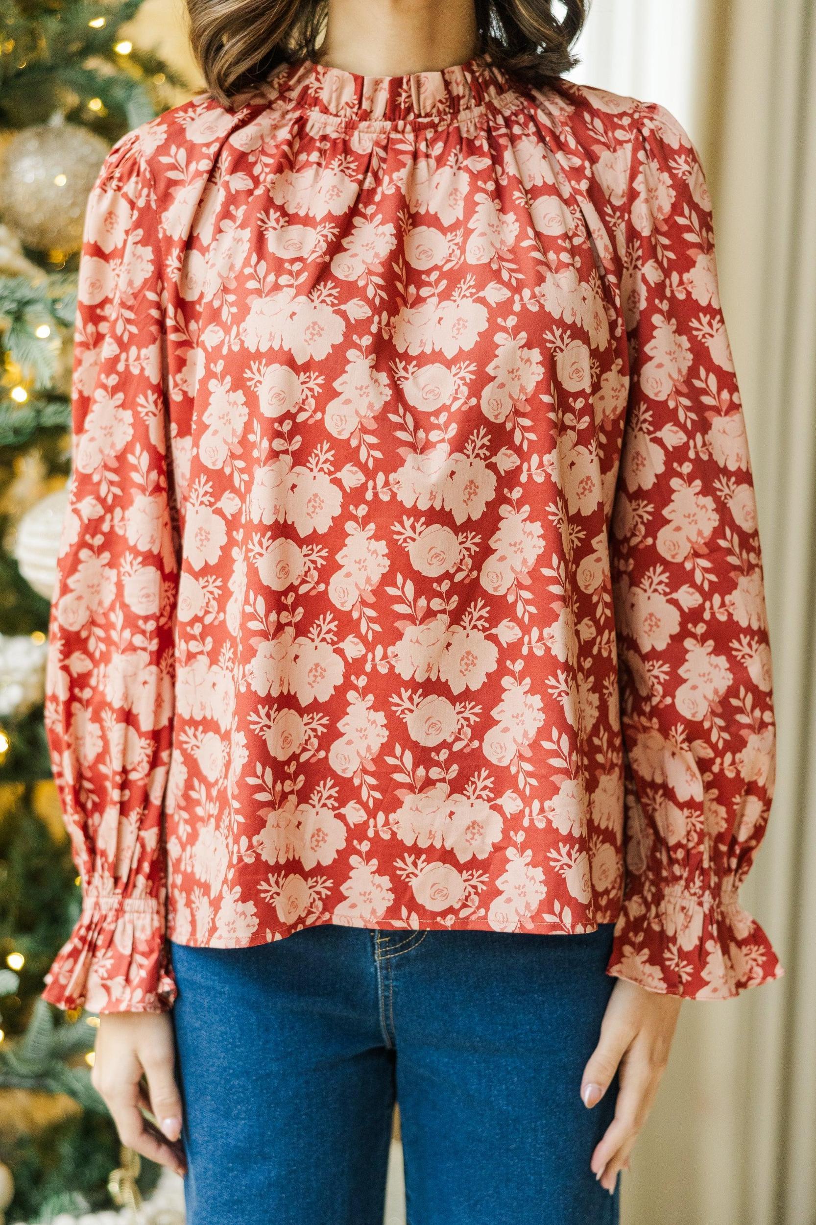 Tried And True Brick Red Floral Ruffled Blouse Female Product Image