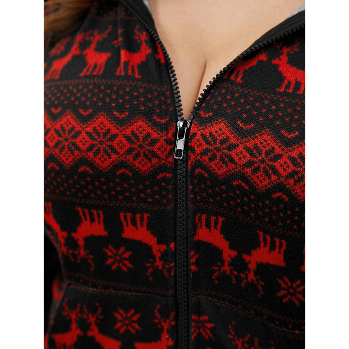 Plus Size Elk & Snowflake Print Pocket Drawstring Zipper Hooded Jumpsuit Women Scarlet Elegant Graphic-Halloween Zipper Hooded Pocket Loungewear BloomChic 22-24/3X Product Image