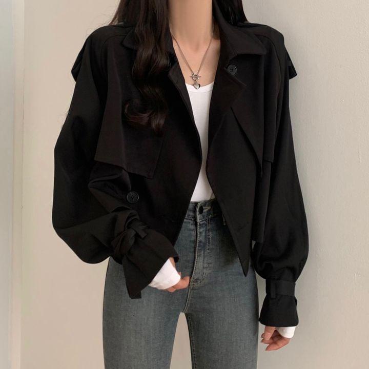Collared Plain Double-Breasted Crop Trench Jacket Product Image