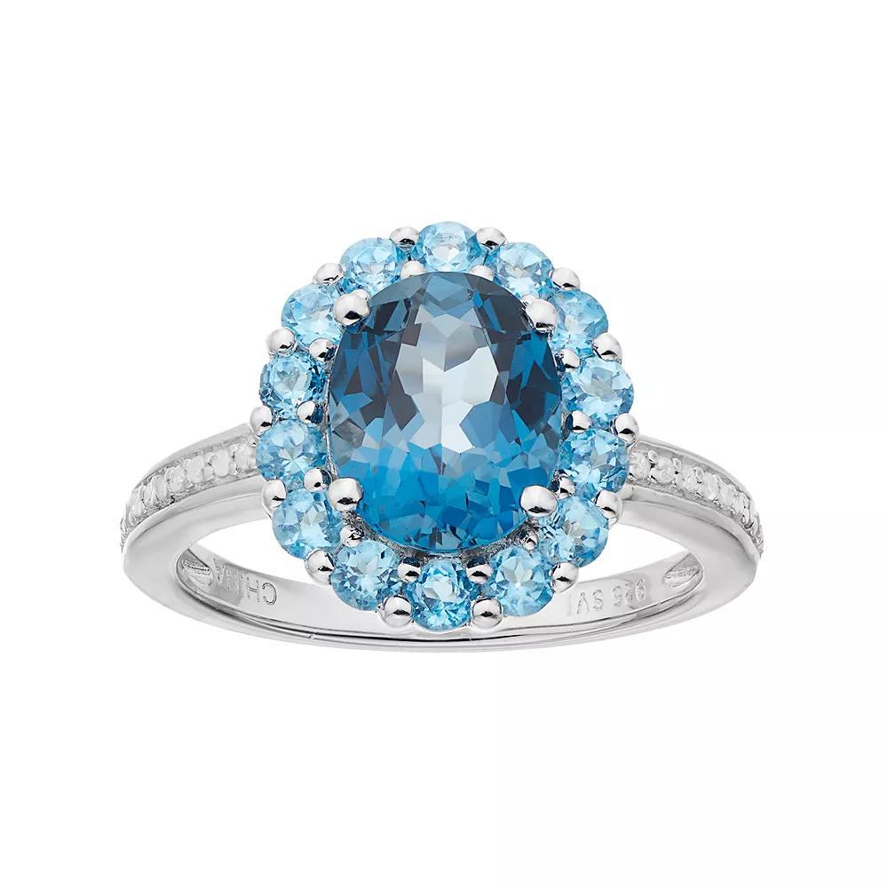 Celebration Gems Sterling Silver London Blue Topaz, Blue Topaz & 1/10 Carat T.W. Diamond Oval Halo Ring, Women's, Size: 7 Product Image