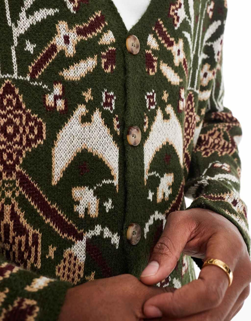 ASOS DESIGN knit relaxed cardigan with paisley pattern in olive Product Image