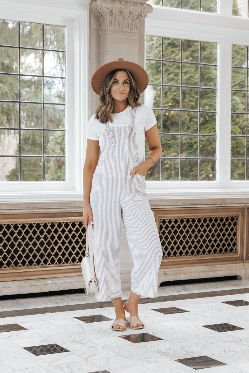Taupe Stripe Linen Jumpsuit Product Image