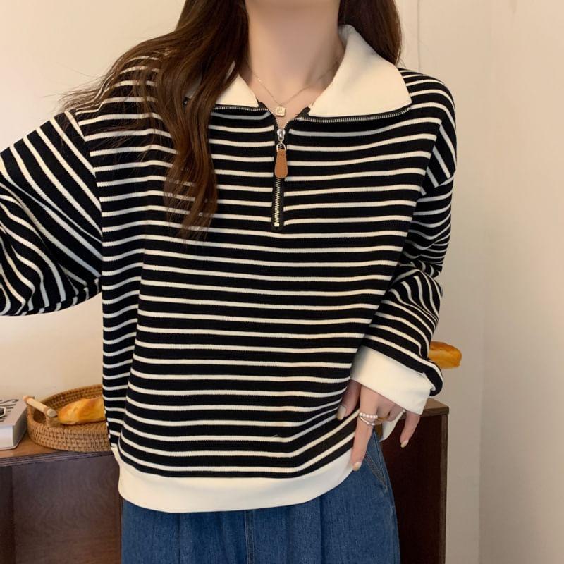 Contrast Collar Striped Half-Zip Pullover Product Image