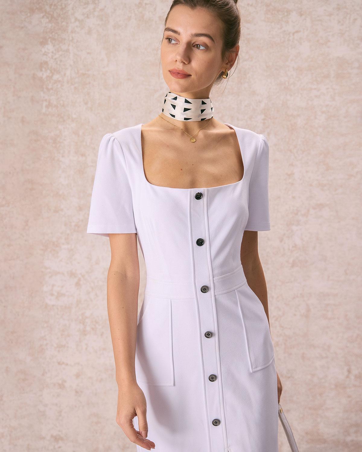 The White Square Neck Buttoned Midi Dress Product Image