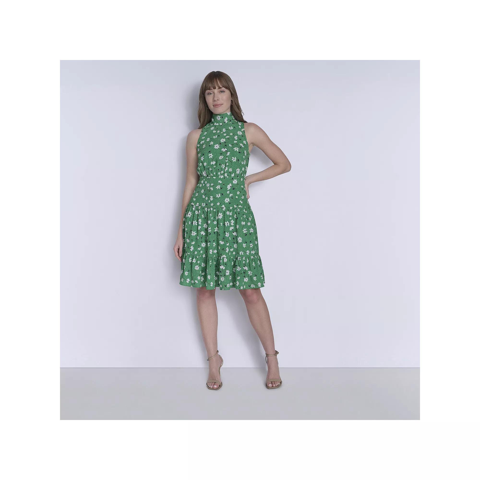Women's La Nouvelle Renaissance Tie Neck Fit & Flare Dress, Size: 14, Green Floral Product Image