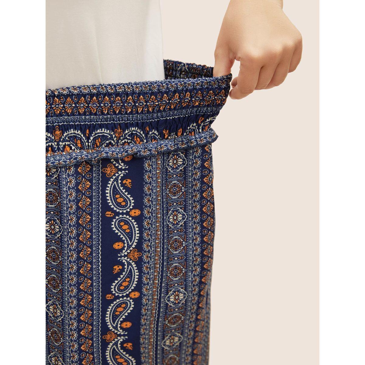 Plus Size Bandana Print Frill Trim Drawstring Pants Women Indigo Casual Wide Leg Mid Rise Everyday Pants BloomChic 28/5X Product Image