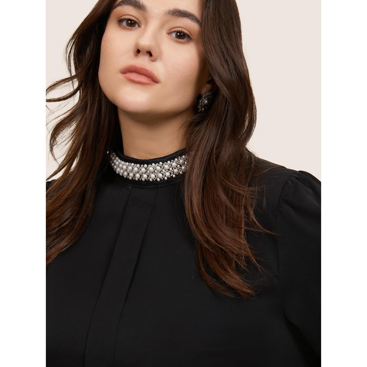 Plus Size Black Anti-Wrinkle Pearl Beaded Contrast Webbing Blouse Women Glamour Long Sleeve Round Neck Going out Blouses BloomChic 26/4X Product Image