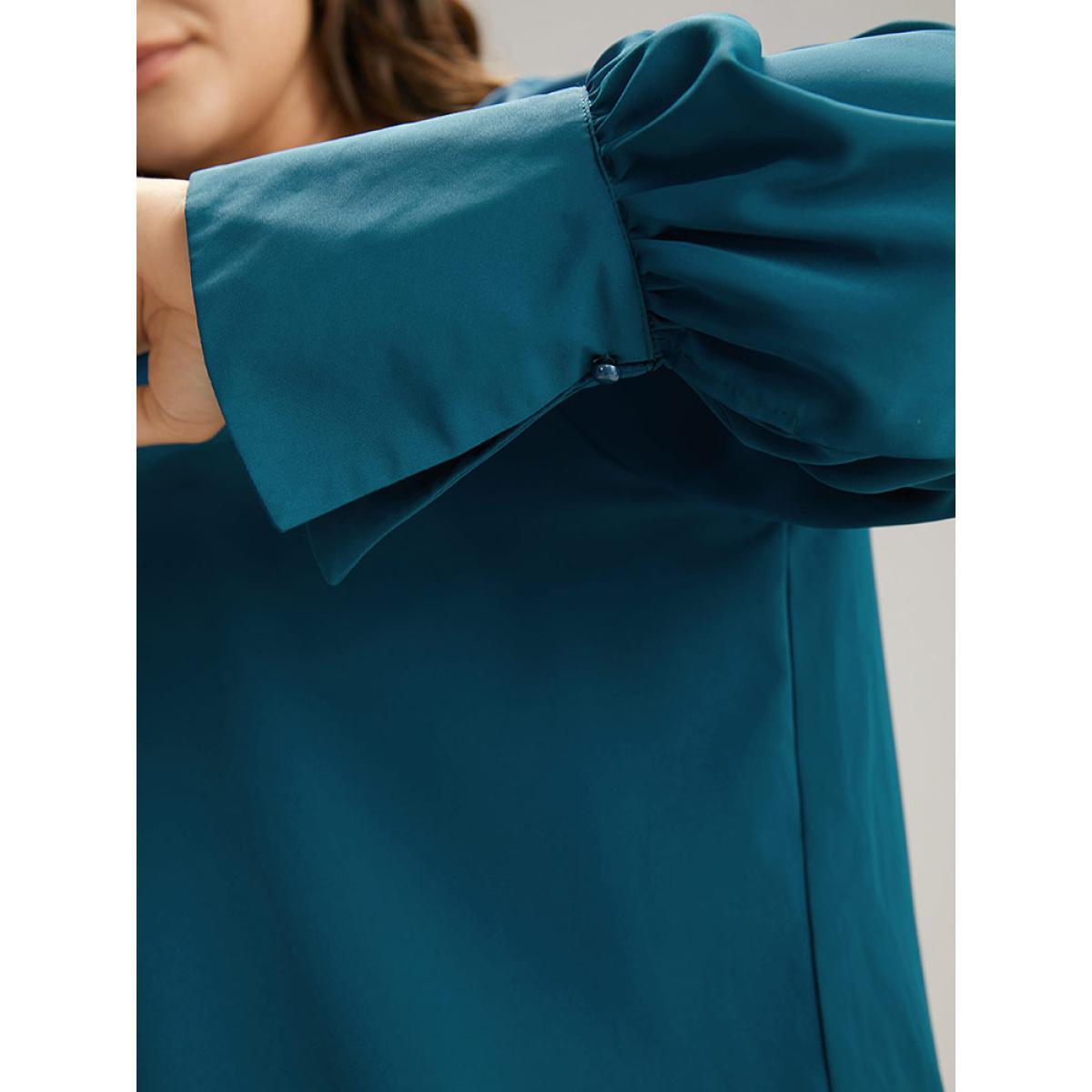 Plus Size Aegean Plain Pearl Beaded Plicated Detail Blouse Women Office Long Sleeve Round Neck Work Blouses BloomChic 30/6X Product Image
