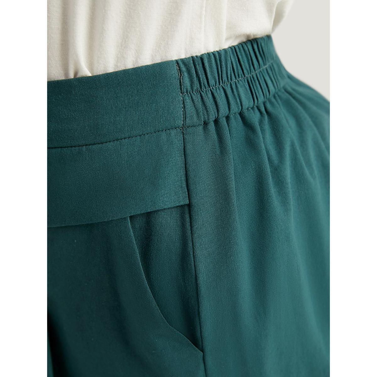 Plus Size Plain Pocket Elastic Waist Plicated Detail Pants Women Cyan Casual Straight Leg High Rise Everyday Pants BloomChic 10/M Product Image