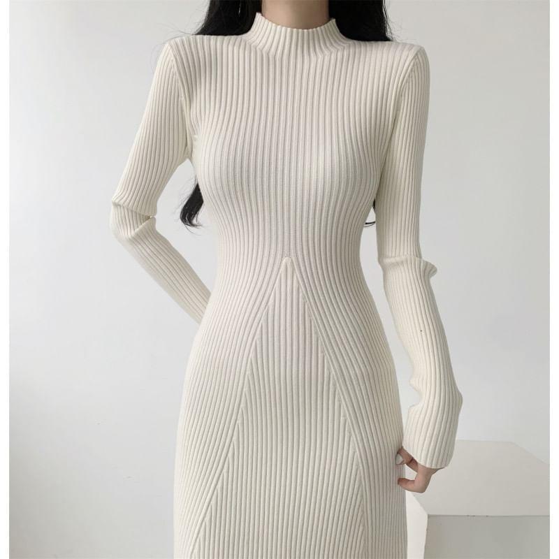 Long-Sleeve Mock Neck Knit Plain Midi A-Line Dress Product Image