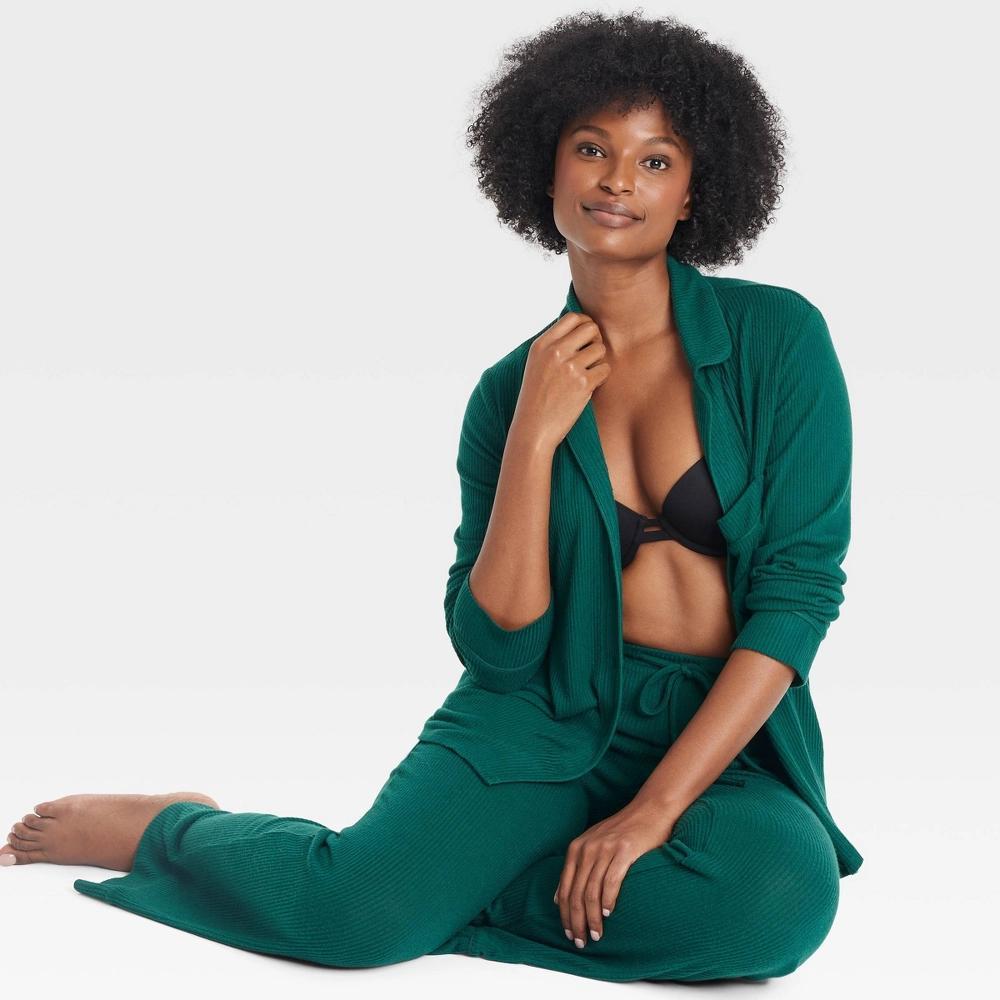 Women's Cozy Ribbed Long Sleeve Notch Collar Shirt and Pants Pajama Set - Auden™ Green L Product Image