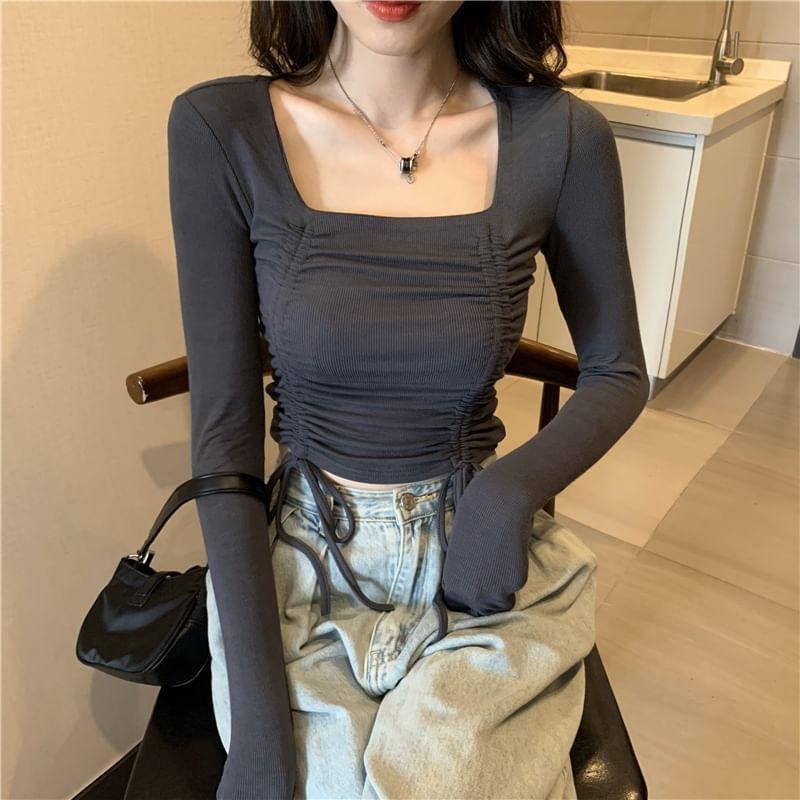 Long-Sleeve Square Neck Plain Drawstring Ruched Crop Slim Fit T-Shirt Product Image