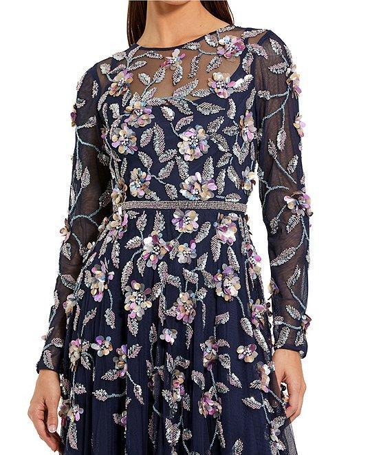 Mac Duggal 3D Floral Tulle Mesh Crew Neck Long Sleeve A-Line Gown Product Image