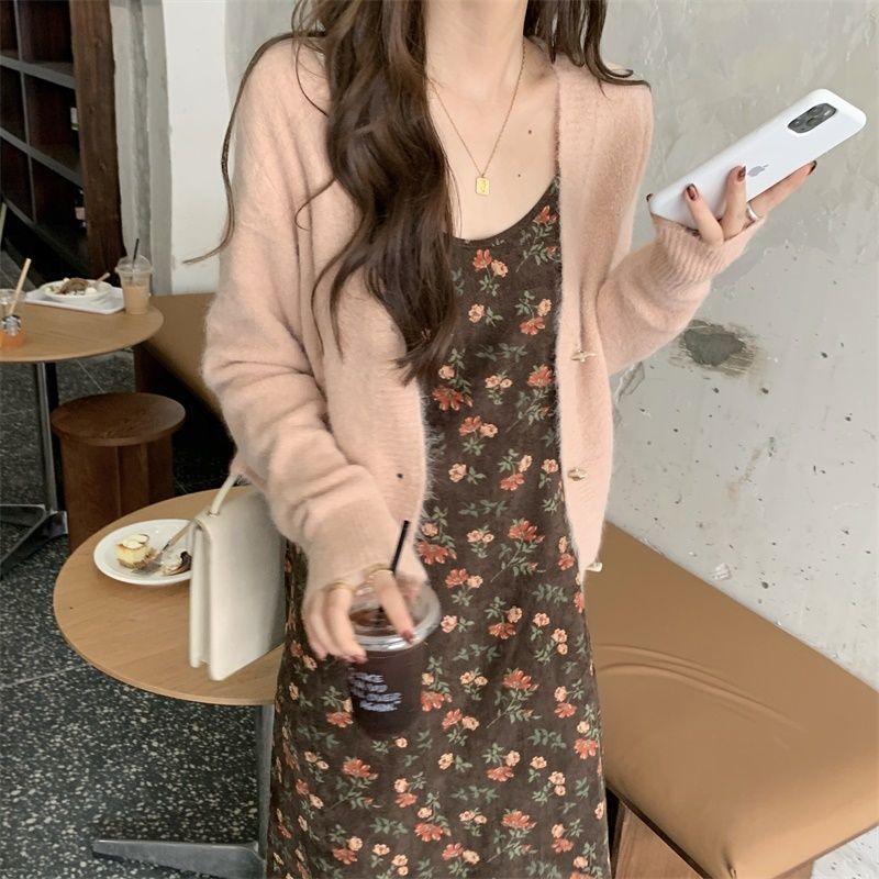 Spaghetti Strap Floral Print Midi A-Line Dress / Cardigan Product Image