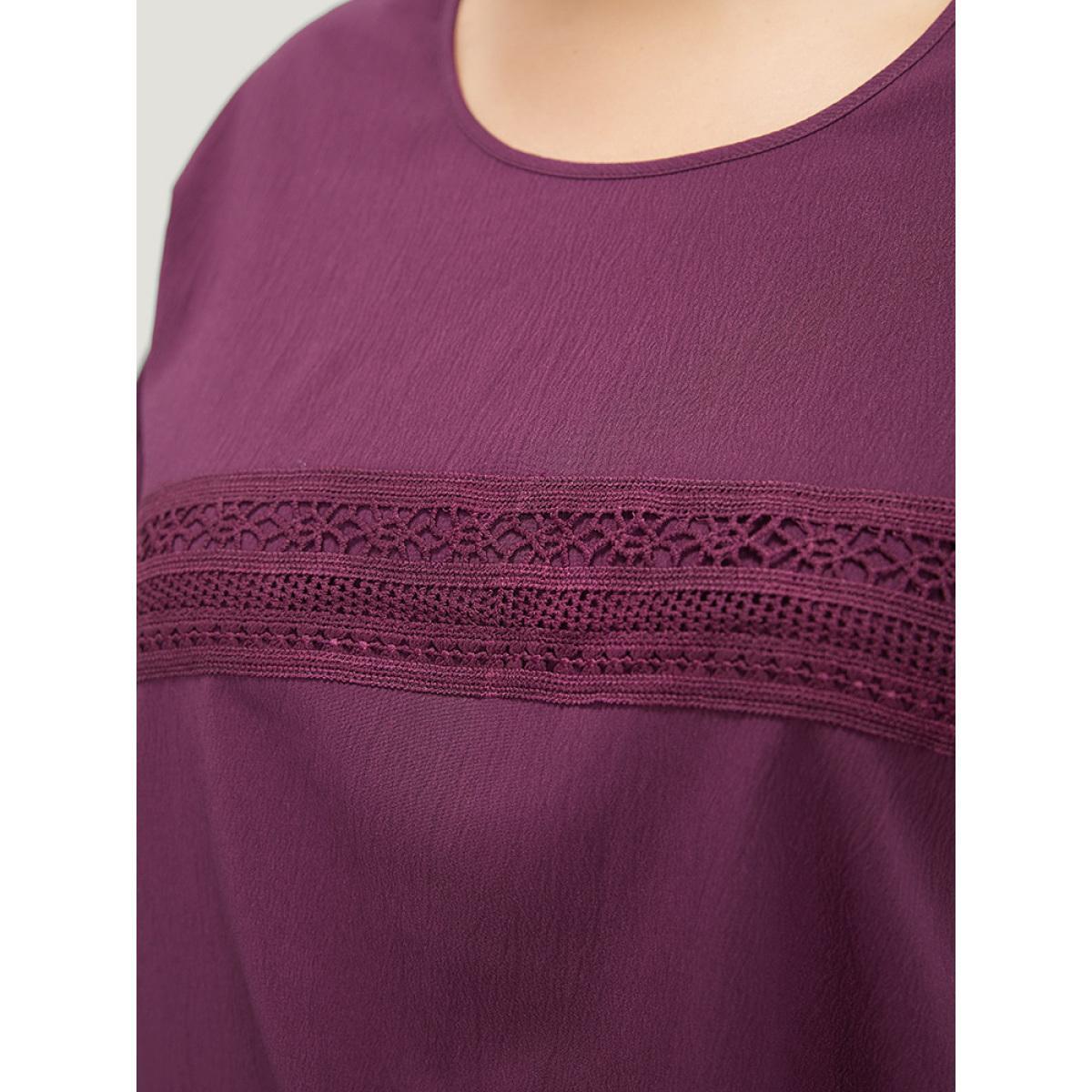 Plus Size Purple Solid Lace Insert Dolman Sleeve Knot Hem Blouse Women Office Short sleeve Round Neck Dailywear Blouses BloomChic 26/4X Product Image