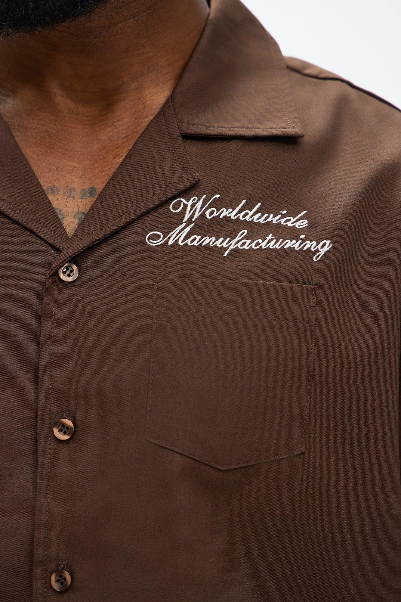 Cropped Worldwide Manufacturing Button Up Shirt - Dark Brown Product Image