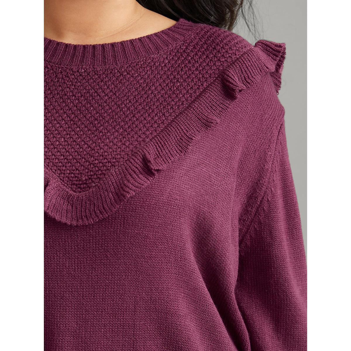 Plus Size Solid Flutter Trim Plisse Loose Pullover Burgundy Women Casual Loose Long Sleeve Round Neck Dailywear Pullovers BloomChic 18-20/2X Product Image