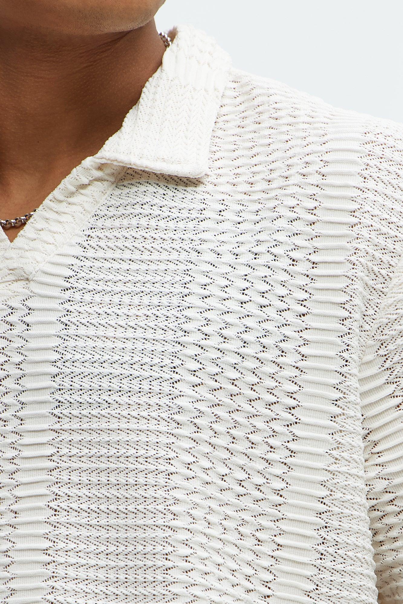Clay Wavy Open Knit Johnny Collar Shirt - Off White Product Image