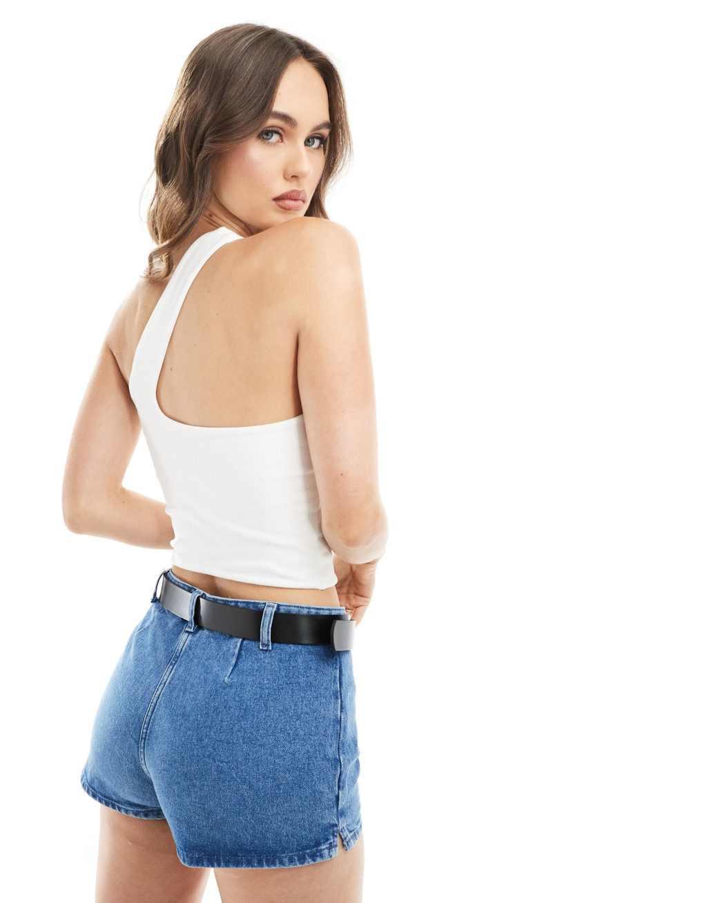 ASOS DESIGN double layer ribbed scoop one shoulder cut out crop top in white Product Image