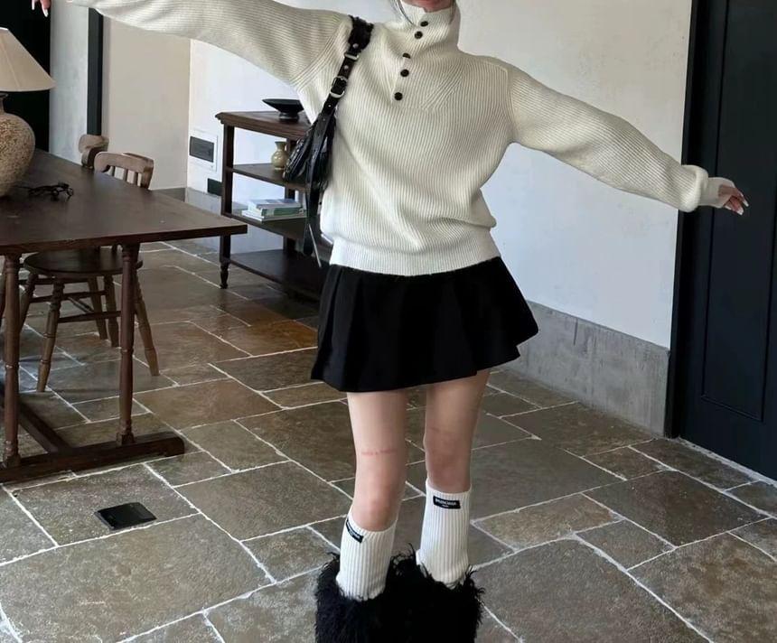 Long Sleeve Mock Neck Plain Button Detail Loose-Fit Sweater Product Image
