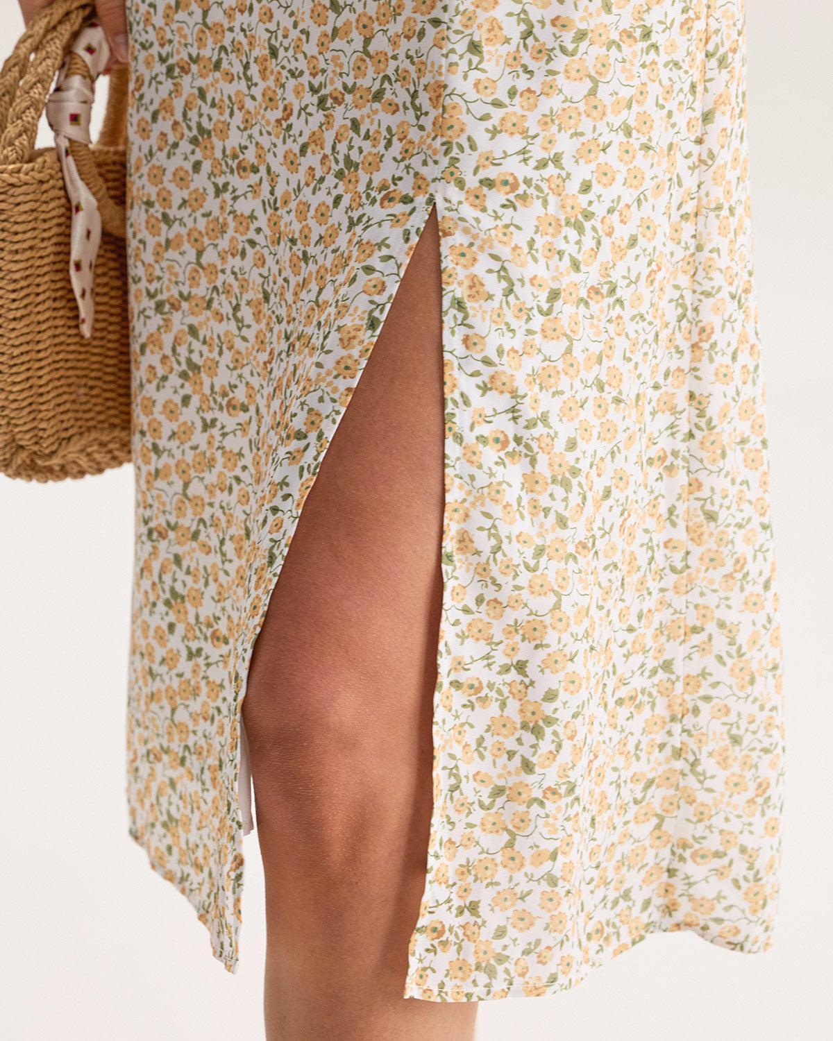 Yellow Floral Shirred Slip Midi Dress Product Image