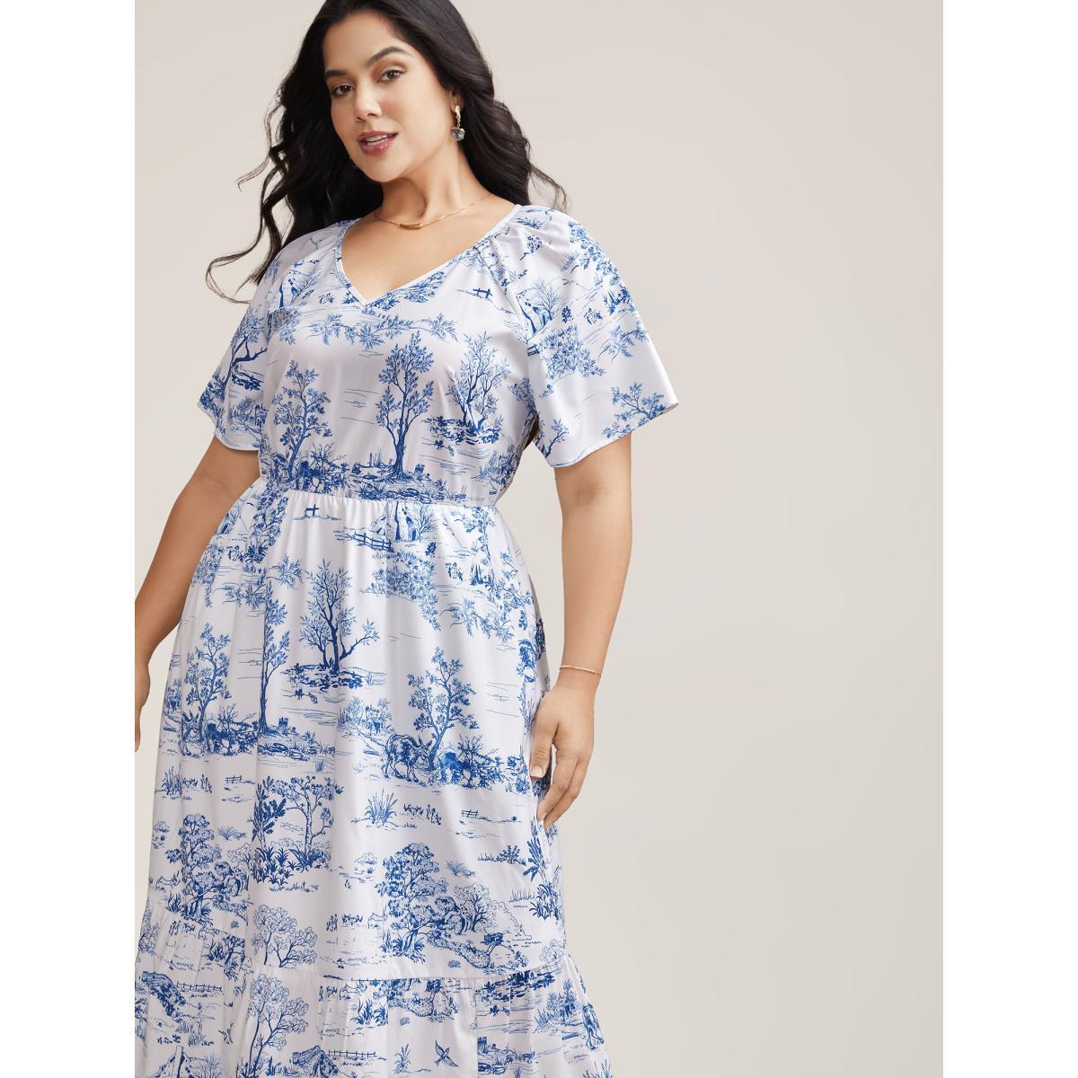 Plus Size Spring Dreams Stretchy-Waist Midi Dress LightBlue Women Elegant Gathered V-neck Short sleeve Curvy BloomChic 12/L Product Image