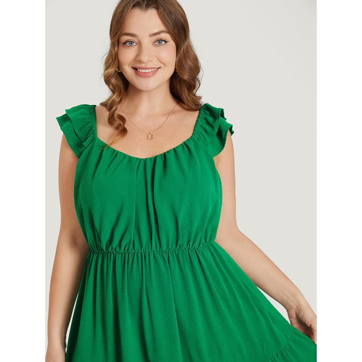 Plus Size Plain Ruffle Tiered Pocket Elastic Waist Cami Dress Green Women Elegant Gathered V-neck Sleeveless Curvy Midi Dress BloomChic 18-20/2X Product Image