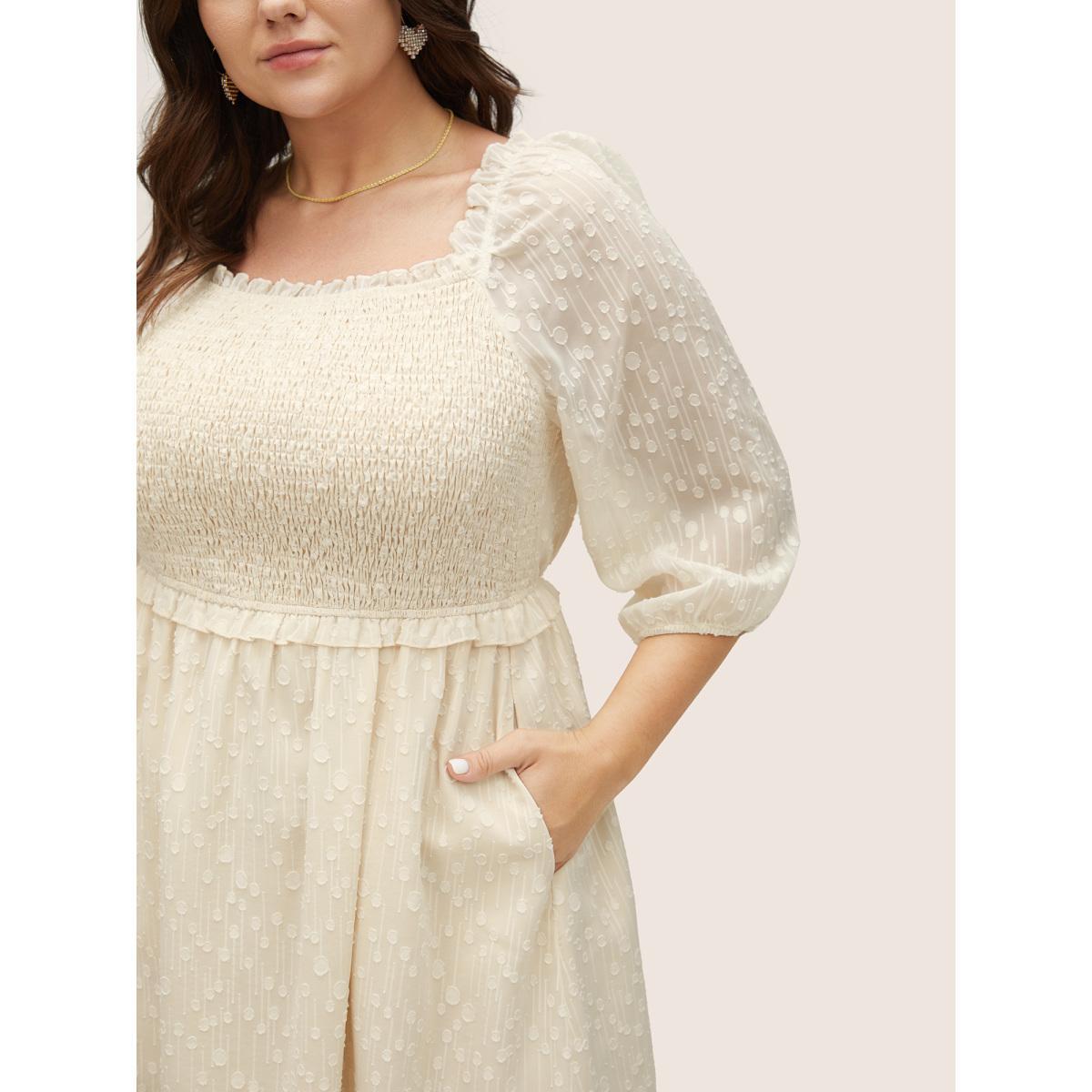 Plus Size Chiffon Shirred Mesh Frill Trim Pocket Dress Apricot Women Elegant Elastic cuffs Square Neck Long Sleeve Curvy Knee Dress BloomChic 14-16/1X Product Image