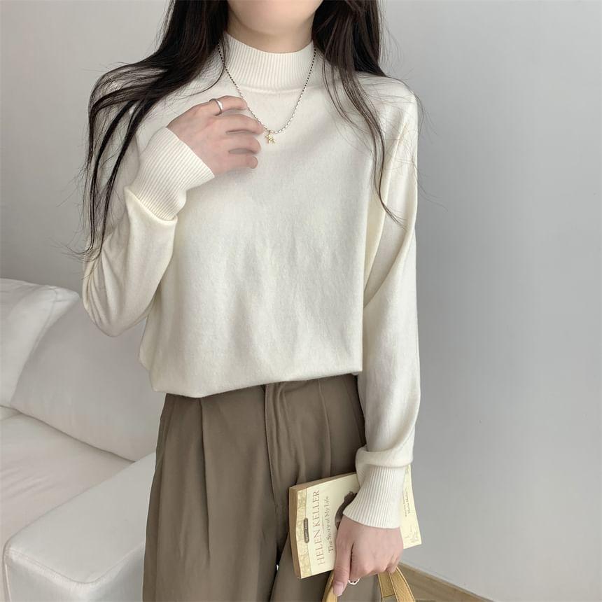 Long-Sleeve Mock Neck Plain Knit Top Product Image