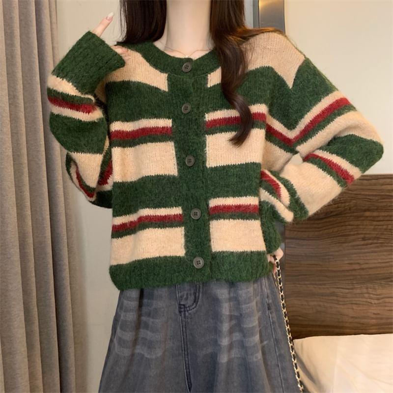 Crewneck Striped Button-Up Cardigan Product Image