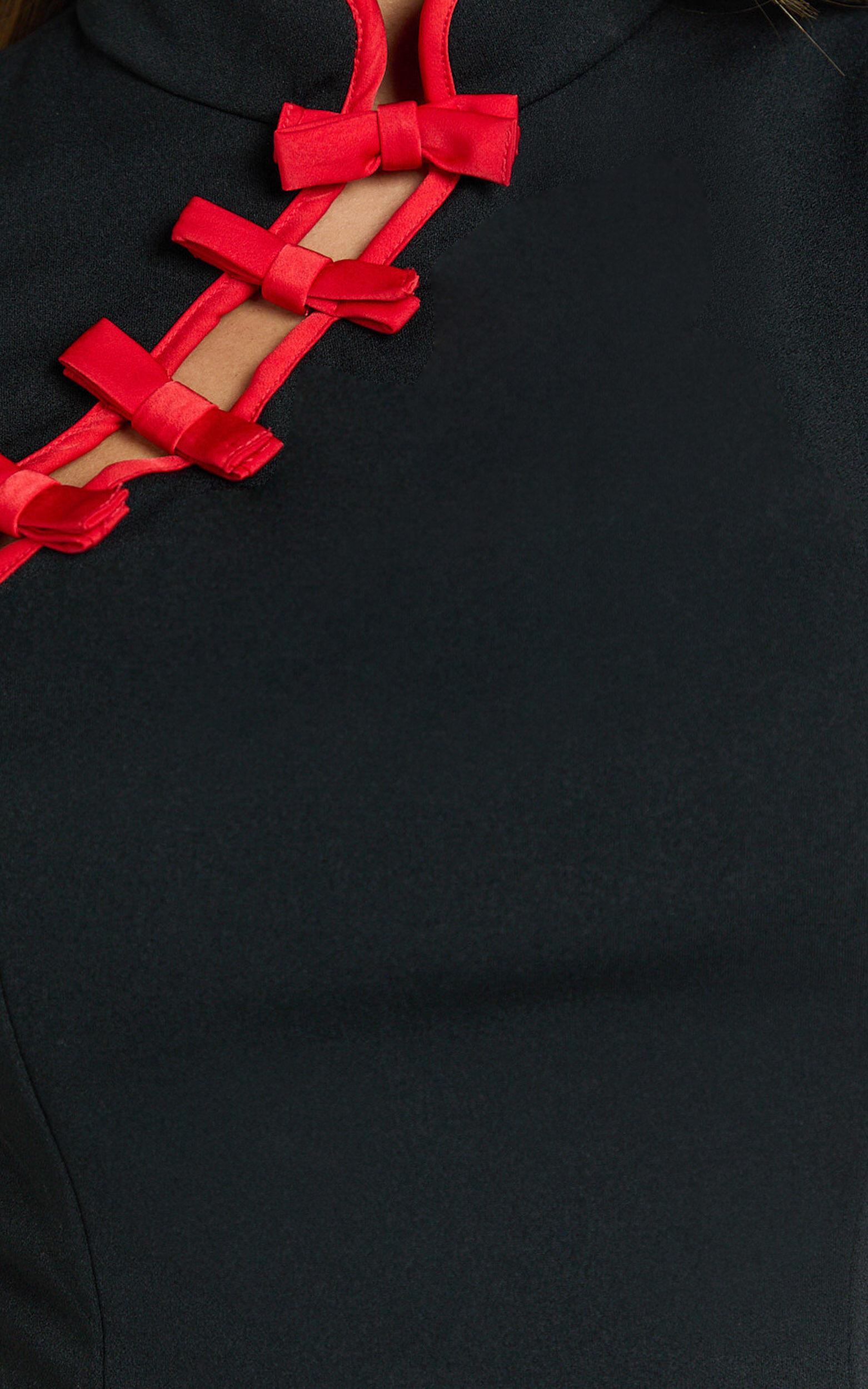 Nadia Mini Dress - Cap Sleeve Mandarin Collar Jacquard  Fitted Dress in Red Product Image