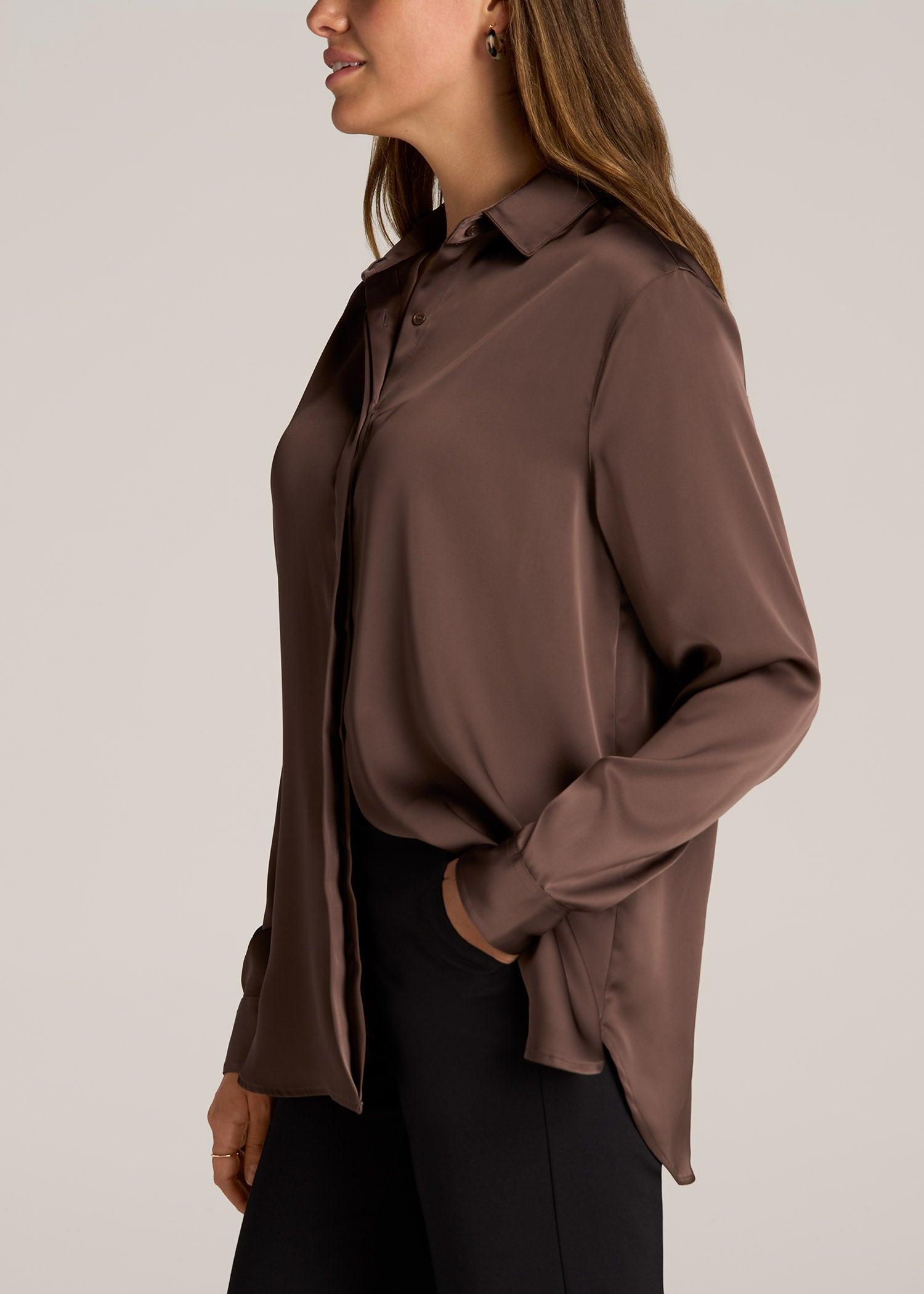Relaxed Button Up Tall Women's Blouse in Chocolate Mocha Product Image