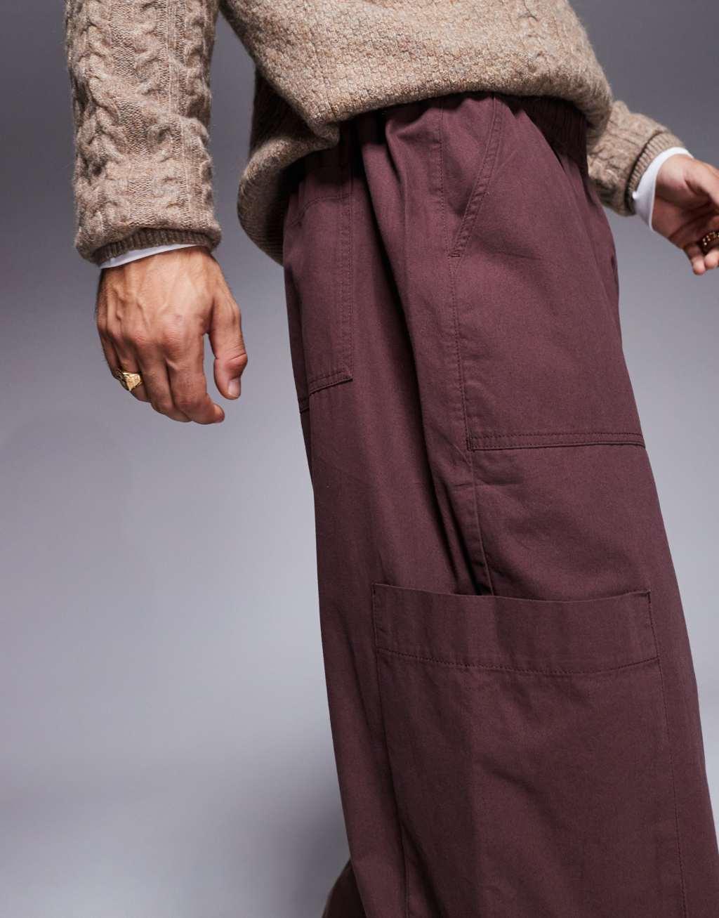 ASOS DESIGN oversized balloon cargo pants with elasticized waist in brown  Product Image