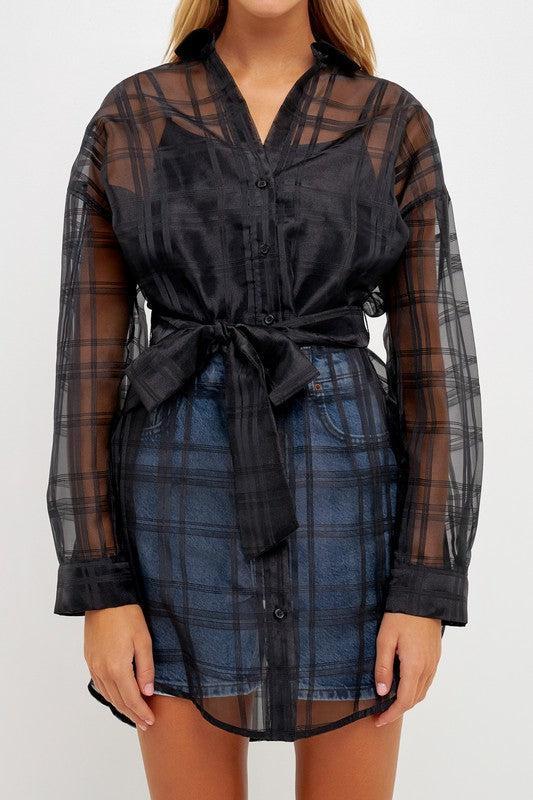 Checked Organza Tie Blouse Product Image