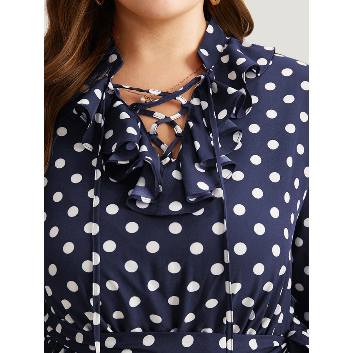Plus Size Polka Dot Ruffle Trim Belted Lace Up Dress Indigo Women Office Belted Tie Neck Long Sleeve Curvy Midi Dress BloomChic 18-20/2X Product Image