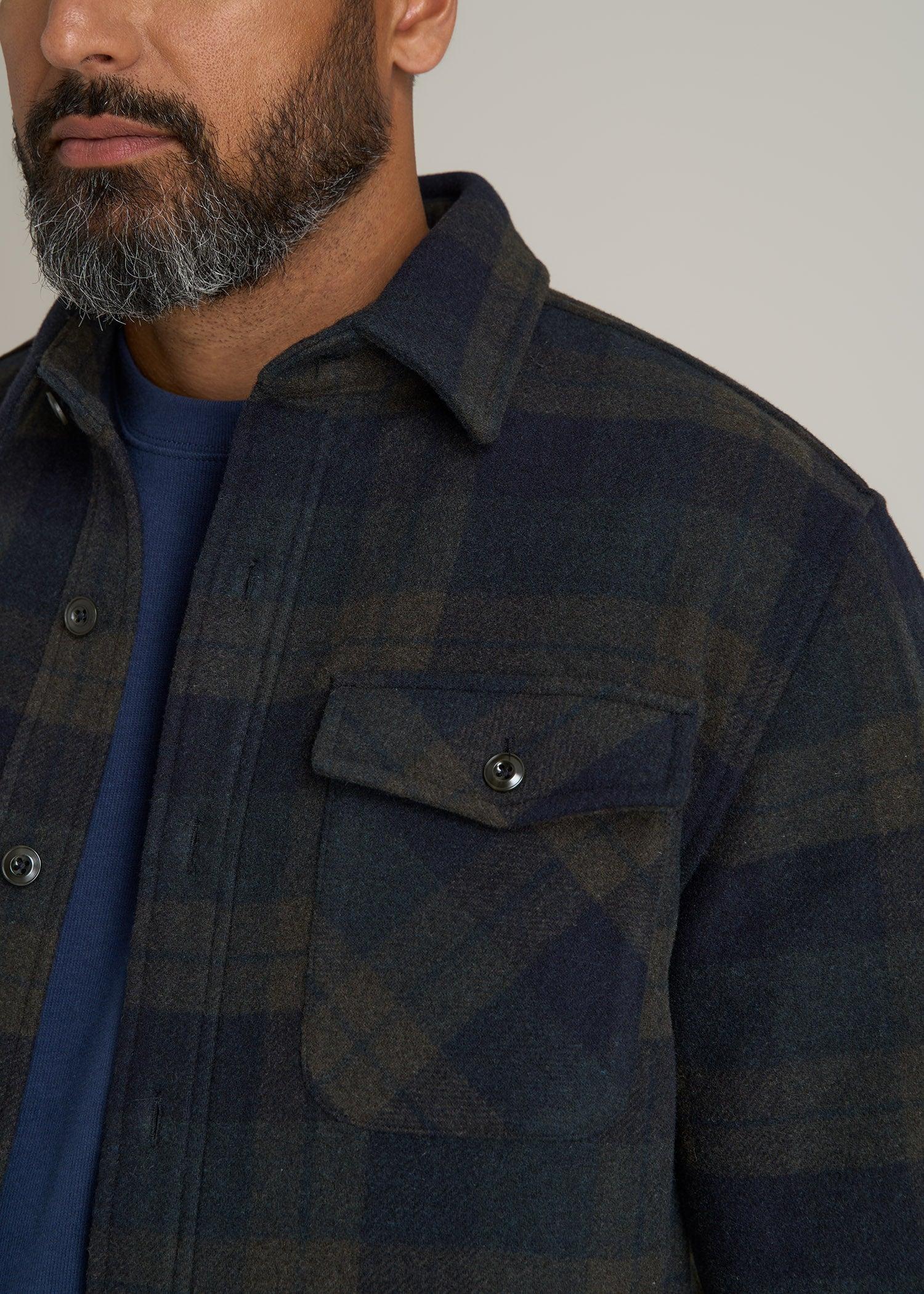 LJ&S Wool Blend Tall Men's Shirt Jacket in Green and Navy Plaid Product Image