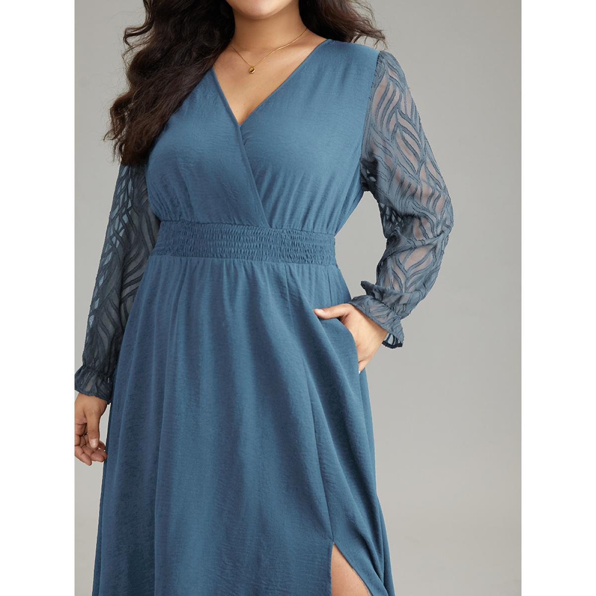 Plus Size Graphic Mesh Patchwork Pocket Split Side Dress Cerulean Women Elegant Wrap Overlap Collar Long Sleeve Curvy Midi Dress BloomChic 26/4X Product Image