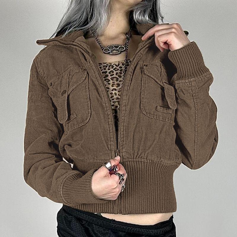 Collar Plain Buckled Corduroy Zip Jacket Product Image